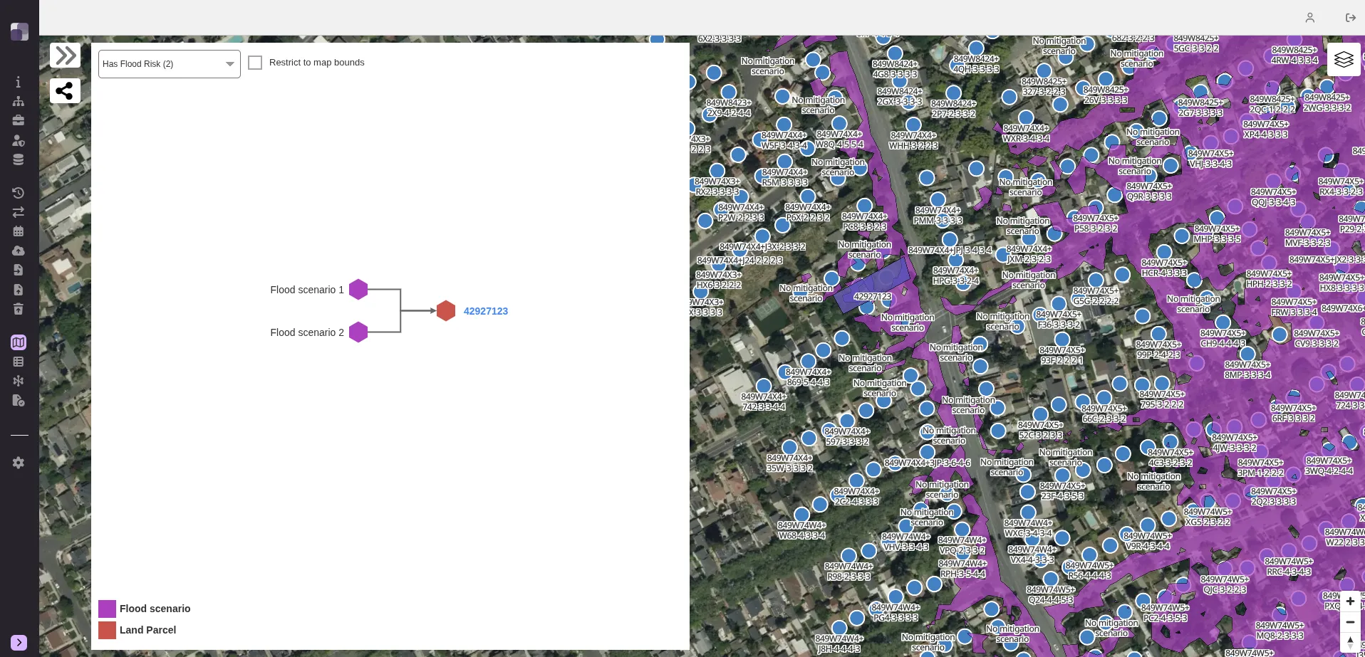 Geoprism Registry Explorer showing a graph that links two flood scenarios to a land parcel, next to a satellite map with flood risk areas and parcels overlaid